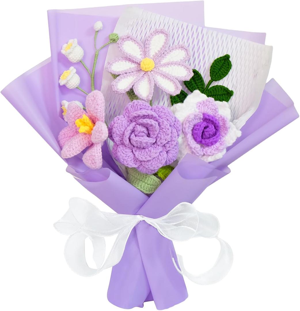 Crochet Flower Bouquet, Handmade Crochet Flowers Knitted Flowers Bouquet for Mother's Day Anniversary Birthday Graduation Lover Valentines Day Gifts(Purple)