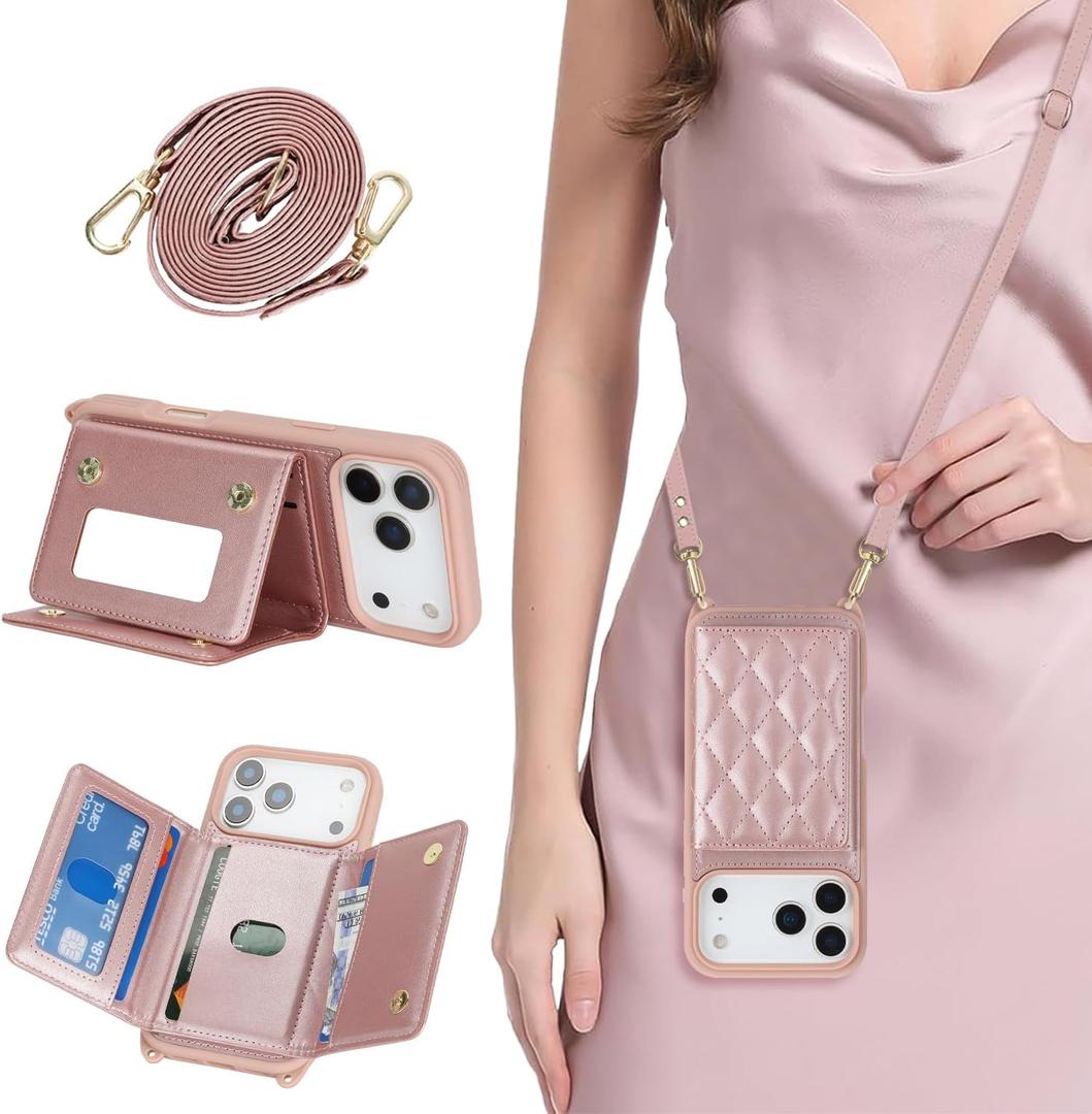 for iPhone 17 Pro Case with Card Holder and Strap for Women,Crossbody Lanyard, Make Up Mirror,Snap Clasp,Cute Phone Wallet Cases 6.3 inch - Dark Rose Gold