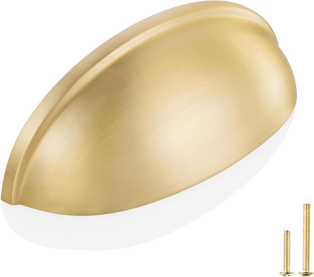QOGRISUN 5-Pack Solid Brass Cabinet Bin Pulls,Gold Cup Drawer Dresser Handles,3-Inch Hole Center, 3-3/5-Inch Overall Length,Kitchen Cupboard Konbs Hardware, Brushed Brass Finish