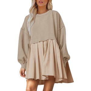 Dokuritu Sweatshirt Dress Women Crew Neck Long Sleeve Patchwork Pullover Tops Flowy Oversized Sweatshirt Mini Dress (Medium, Khaki)