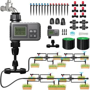 124FT Drip Irrigation System with LCD Timer, Automatic Watering System Kits,1/2 Inch Hose 1/4 Inch Distribution Tubing 3 Sprayer Types, for Garden, Greenhouse, Garden, Lawn