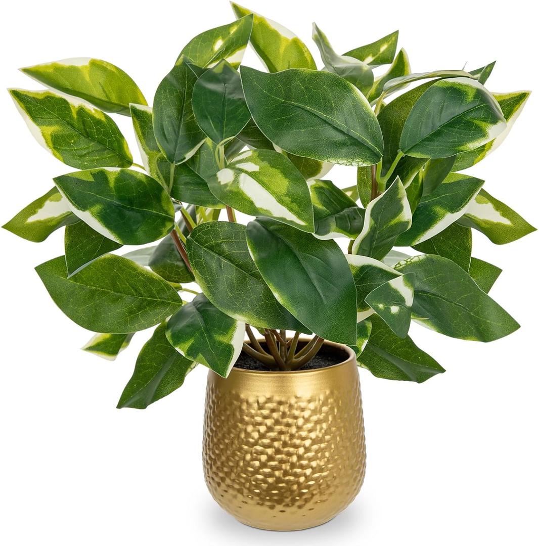 Oairse Articicial Plants Indoor Small Fake Plants in Pots Faux Pothos N Joy Potted Plant Fake Indoor Plants with Gold Pots for Bathroom Living Room Office Desk Shelves