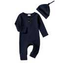 Infant Boys Girls Clothes Set Newborn Baby Romper Hat Ribbed Knit Long Sleeve Button Solid Bodysuit Jumpsuit (Navy Blue, Newborn)