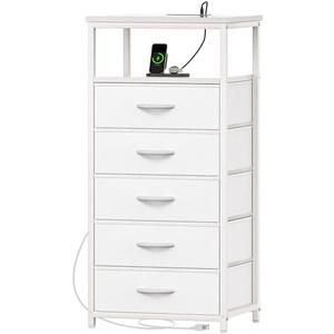 Huuger White Dresser with 5 Drawers & Charging Station, Tall Dresser for Bedroom, Tall Night Stand with PU Leather Finish, Open Shelf, Nightstand for Bedroom, Closet, Hallway, Entryway