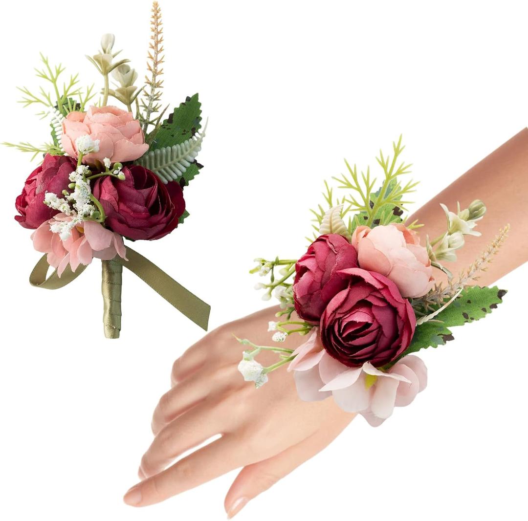 Wrist Corsage Wristlet and Boutonniere Set for Wedding Bridesmaid Mother Grandmother for Bridal Shower Wedding Artificial Roses Flower Prom Set of 2 (Dousha Red)