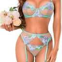 Kaei&Shi Floral Embroidered Garter Belt Set,Sheer Lingerie Sets for Women Sexy,Wedding Night Valentines Boudoir Outfits, Extra Large, Mint Green 