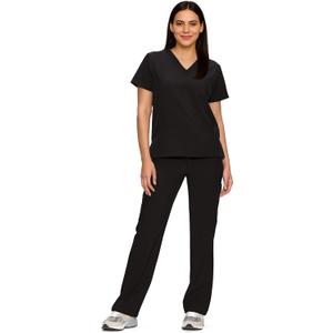 floralhue Scrubs for Women Set, Medical Women Scrubs, V-Neck Top and Straight Leg Pants with 11 Pockets (Relaxed Fit) (Small, Black)