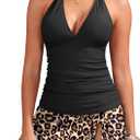 Yonique 2 Piece Swimsuits for Women Halter Tankini Top with Skirt Bottom Tummy Control Bathing Suit (18 Plus, Black and Leopard)