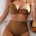 SOLY HUX Women's 2 Piece Bikini Set Ring Linked High Waisted Textured Bathing Suit Swimwear Plain Coffee Brown Large
