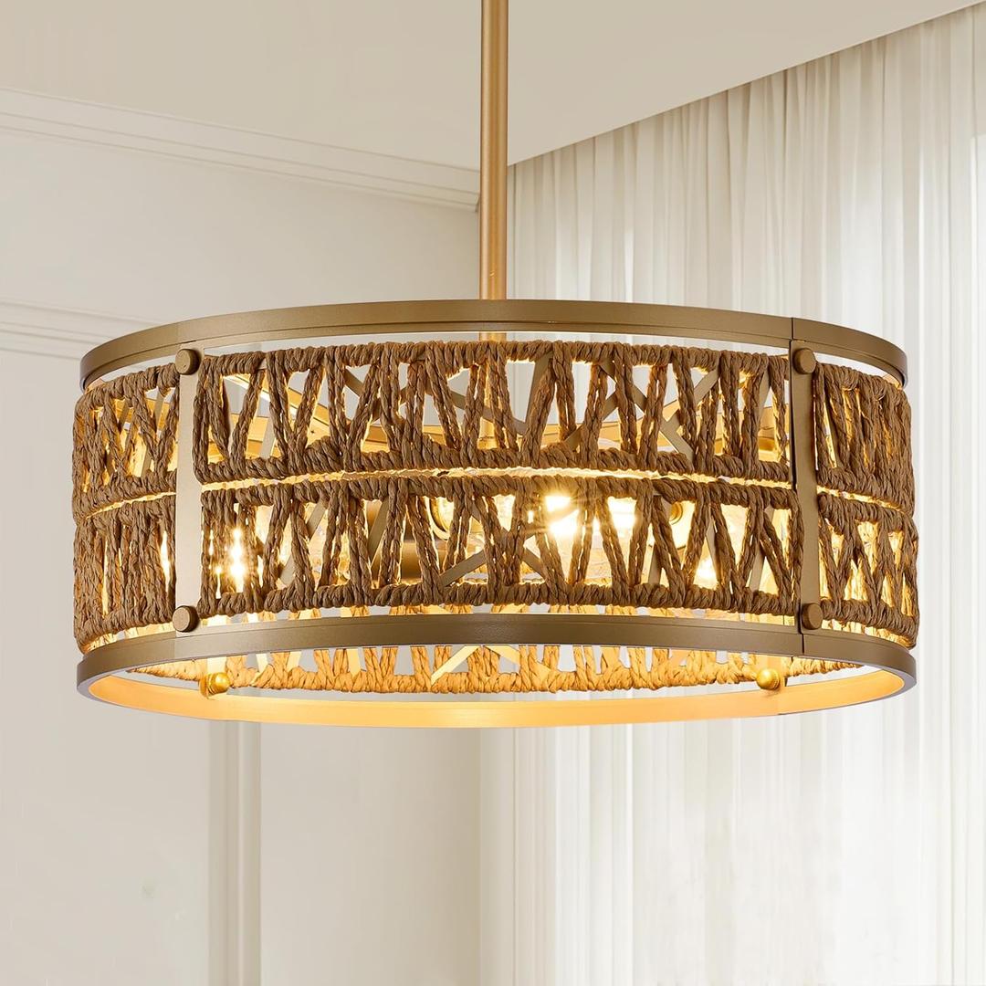 3 Light Rattan Chandelier, Farmhouse Chandeliers for Dining Room, Rustic Boho Hanging Light with Drum Shade, Adjustable Gold Woven Pendant Light for Kitchen Island Living Room Bedroom