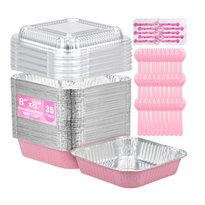 (35-Pack) Pink 8x8 Inch Disposable Aluminum Pans with Plastic Lids,Stickers and Cake Spoons,Square Cake Pans for Parties,Baking Trays,Foil Pans for Holiday Cooking, Parties Meal Prep, Storage
