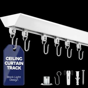 Ceiling Curtain Track, 6ft - 9ft Curtain Track with Roller Hooks, Ceiling Mount Rail Set Room Divider for Living Room, Bathroom or Hospital, White