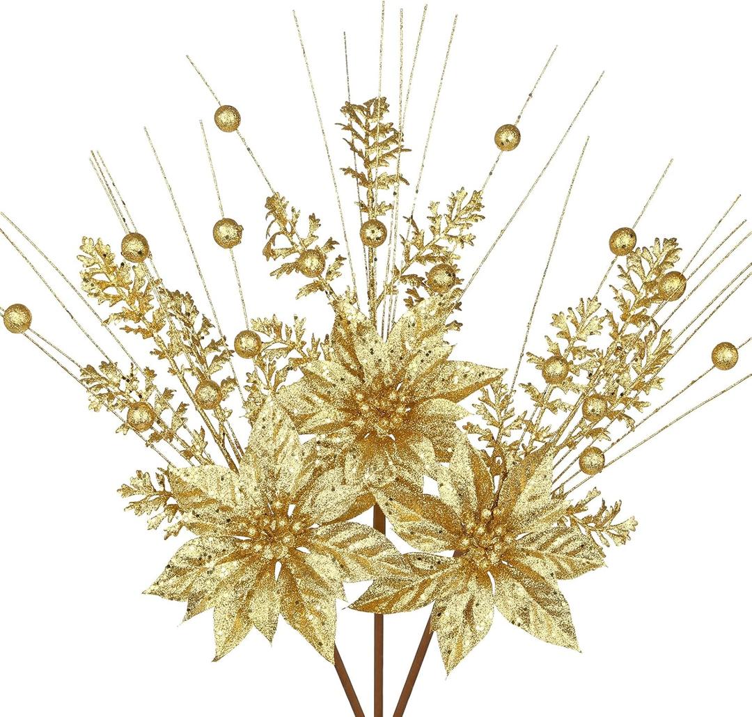 Oairse 3 Pcs Gold Artificial Poinsettia Flowers Picks Glitter Christmas Floral Picks and Sprays Christmas Fake Flowers Stems with Berries Pine Branches Fillers for for DIY Centerpieces Vase Decor