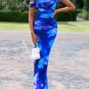 PRETTYGARDEN Cocktail Dresses for Women 2026 Summer Floral Off Shoulder Ruched Mesh Elegant Wedding Guest Maxi Dress (Blue)