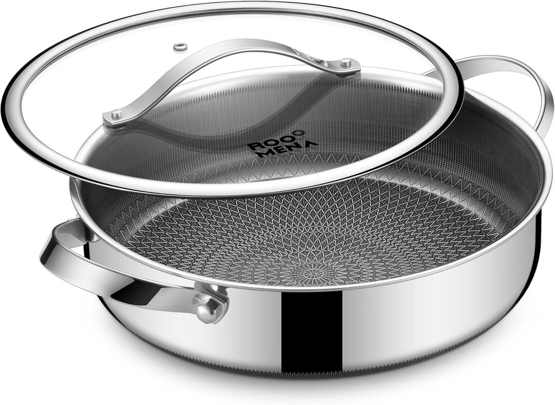 Frying Pans Nonstick with Lid, Hybrid Ceramic Nonstick Tri-Ply Saute Pan with Lid, PFAS/PFOA/PTFE Free, Metal Utensil Safe, Dishwasher & Oven Safe, Induction Compatible (12"(Double Helper Handle))