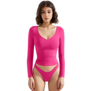 SUUKSESS Women Double Lined Casual V Neck Crop Tank Tops Basic Long Sleeve Shirts (Medium, 19 Hot Pink)