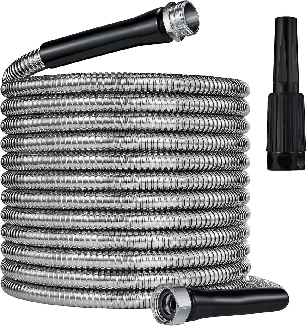 304 Stainless Steel Garden Hose 50FT-2025New Upgraded Quality Metal Expandable Water Hose With Nozzle and 3/4 Solid Fitting, Kink-Free, Tough & Flexible, Lightweight, Rust Proof For Yard, Outdoor