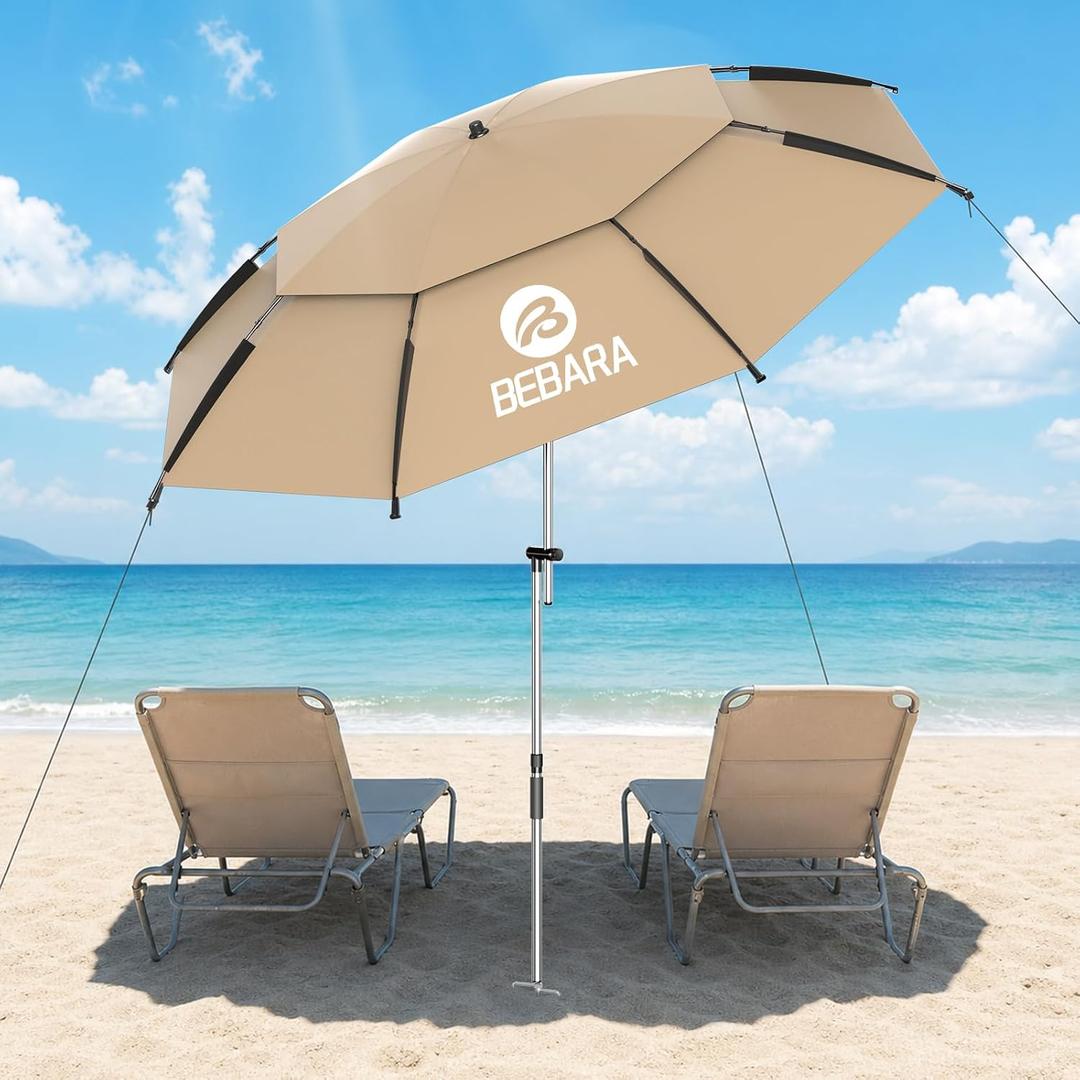 7FT Beach Umbrella with Heavy Duty Sand Anchor -Tan | Double-Layer Canopy | Above Ground Pool Umbrella | Height Adjustable, UPF 50+ Sun Protection for Beach, Patio ,Outdoors