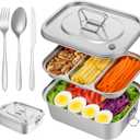 304 Stainless Steel Bento Box 3-Compartment Tray Lunch Box and Food Containers Leakproof 1800ml Metal Bento Containers with Airtight Valve Handle Including Fork Knife Chopsticks for Travel Work Picnic