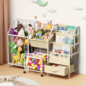 Kids Bookshelf and Toy Storage, 3 Tier Sling Montessori Bookcase with Toy Organizer & Stuffed Animal Storage, Children Baby Toddler Book Shelf for Kids Rooms Nursery Bedroom Playroom, White