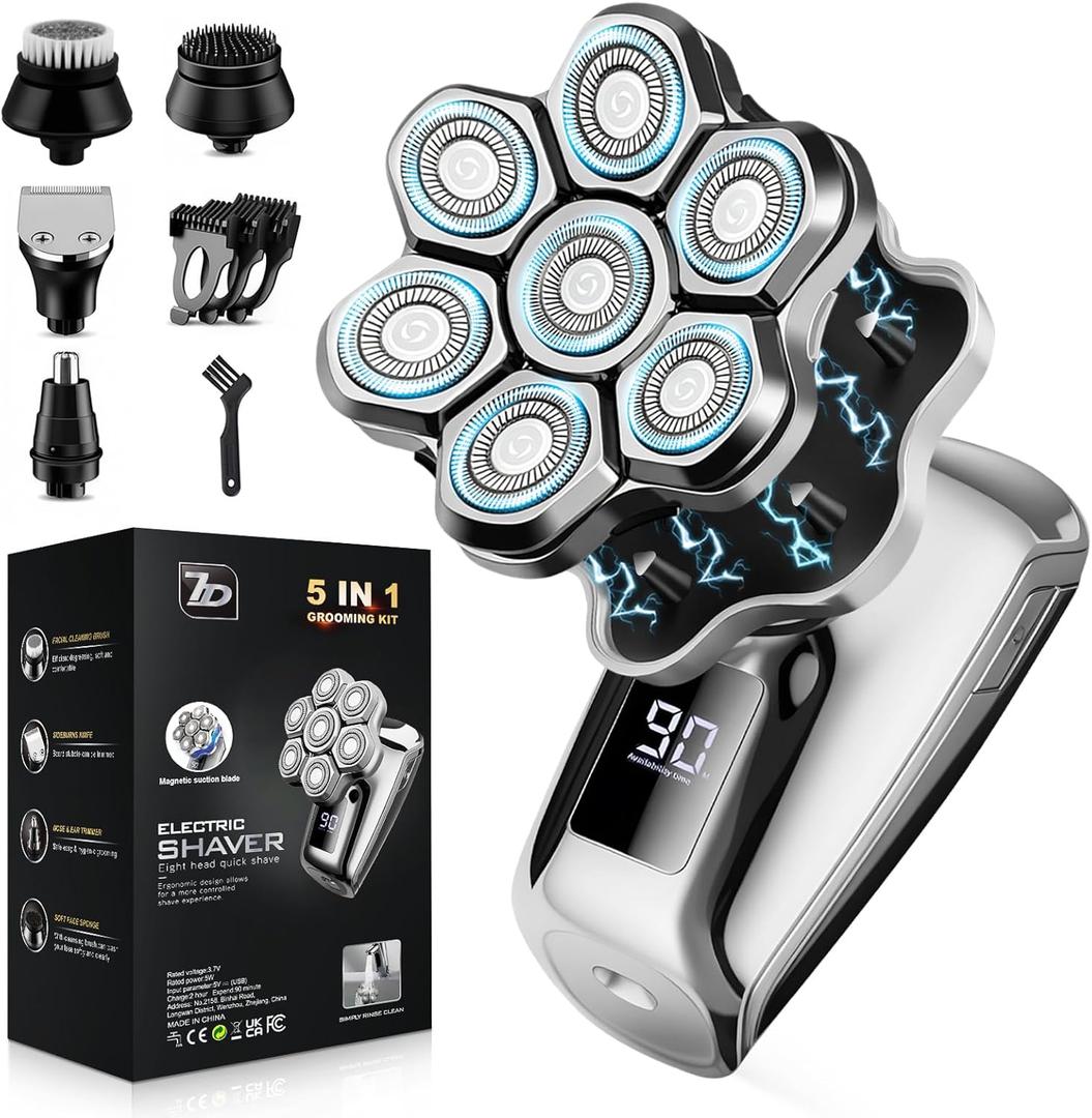 Head Shavers for Bald Men, 7D Floating Blades Electric Razor with Magnetic Detachable Heads, IPX7 Waterproof Rotary Shaver 5-in-1 Self-Grooming Kit Gift for Balder