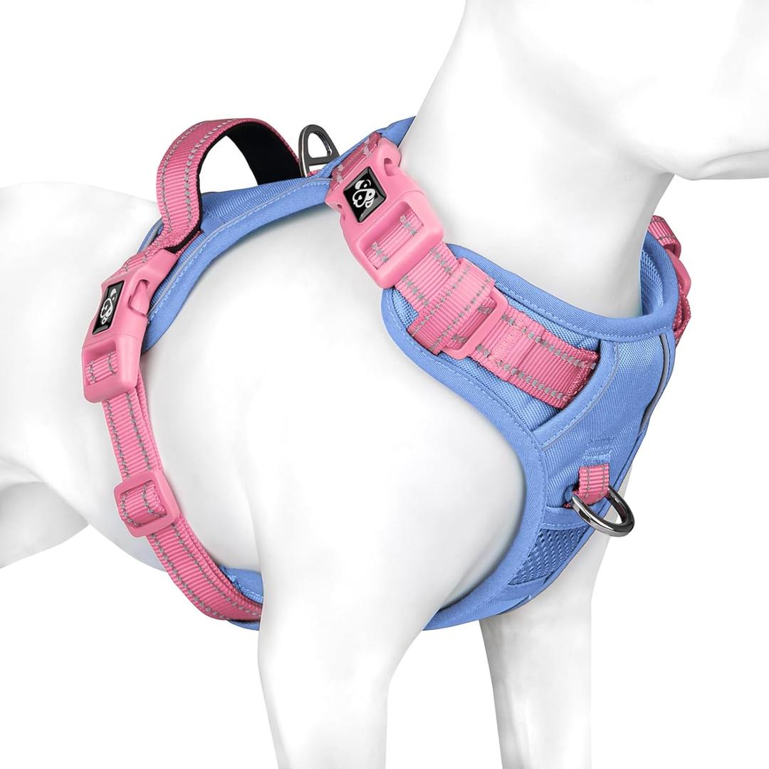 PHOEPET No Pull Dog Harness, Unique Colors Reflective Adjustable Dog Vest, with Soft Training Handle Metal Clips for Small Medium Large Dogs (Baby Blue Base & Pink Straps, L)