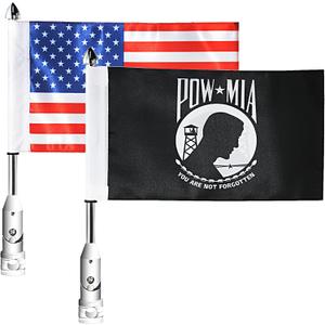 2 Pack Motorcycle Flag Pole Mount Kits Compatible For Harley Touring Spring Honda Gold Wing With Tour Pak 1/2'' Luggage Rack (Chrome Flagpole+Red US Flag+Black Pow Mia Flag)