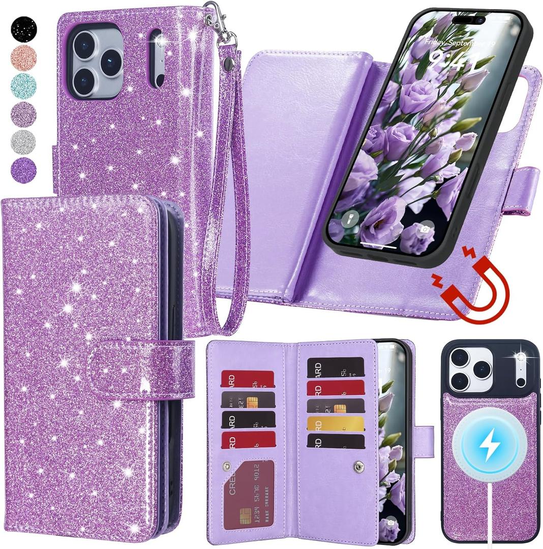 Varikke for iPhone 17 Pro Wallet Case Compatible with Magsafe Detachable Magnetic Flip with RFID Blocking Card Holder, Glitter PU Leather Wrist Strap Phone Case for iPhone 17 Pro 6.3", Light Purple