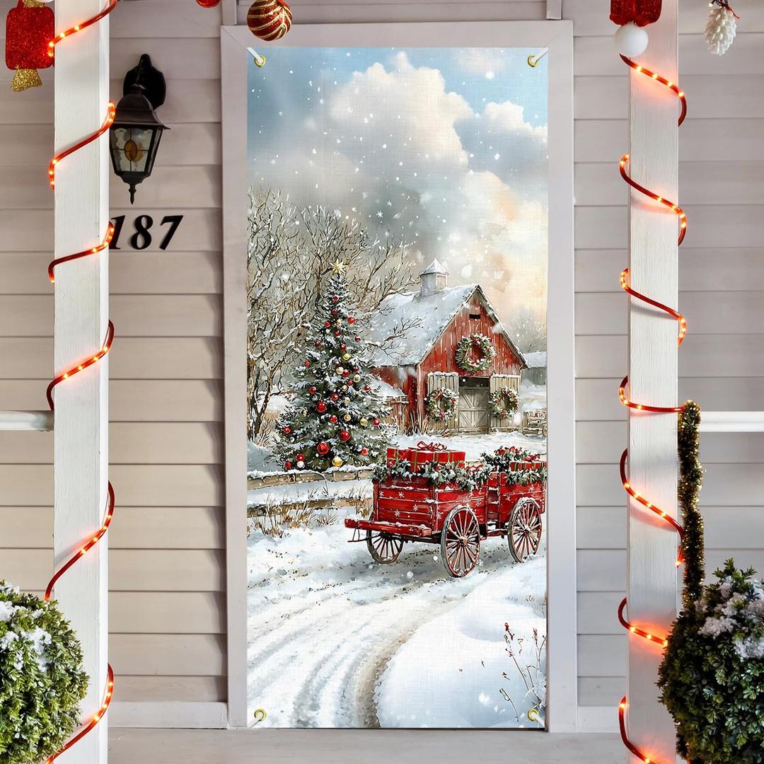 Farmhouse Christmas Door Cover Decoration, Winter Snowy Country Red Barn Front Door Photography Background Banner for Porch Indoor Outdoor Winter Party Decoration, 35 * 79 Inch