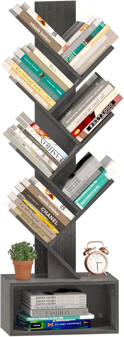 Yoobure Tree Bookshelf - 6 Shelf Retro Floor Standing Bookcase, Tall Wood Book Storage Rack for CDs/Movies, Utility Book Organizer Shelves for Bedroom, Living Room, Home Office, Dark Grey (Charcoal Gray)