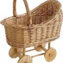 Woven Rattan Stroller Shaped Flower Basket with Handle, Versatile Trolley Decorative Flower Basket, Wicker Baby Carriage, Handwoven for Weddings, Baby Showers, Floral Arrangements