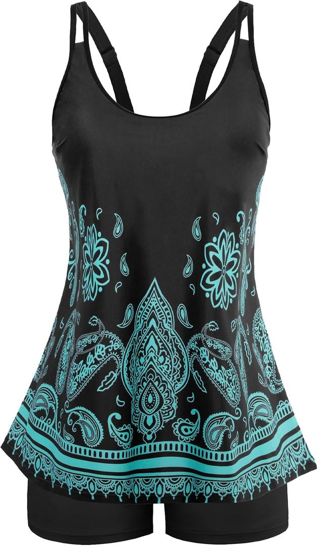 Arolina Tankini Swimsuits for Women Tummy Control Two Piece Bathing Suits Flowy Swim Tops with Boy Shorts (Black, S)
