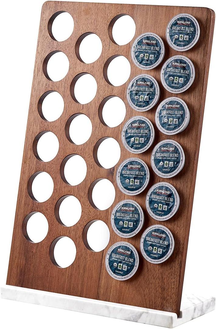 Coffee Pod Holder K Cup Organizer - Acacia Wood Storage Rack with Weighted White Marble Base - 30+ Pod Capacity Countertop Stand - Modern Kitchen Storage Organizer
