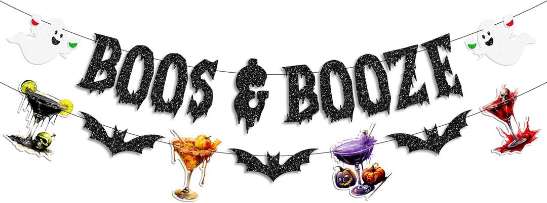 Glitter Boos and Booze Banner with Cocktail and Ghost Design for Halloween Party Decoration
