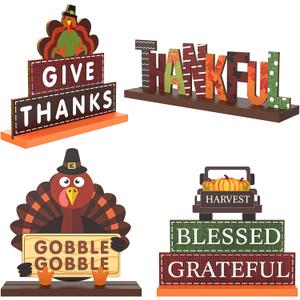 4 Pcs Thanksgiving Centerpieces for Tables Decorations, Wooden Thanksgiving Table Decorations Indoor Pumpkin Turkey Signs, Harvest Autumn Fall Decor Set for Home Office Party Farmhouse Desk Fireplace