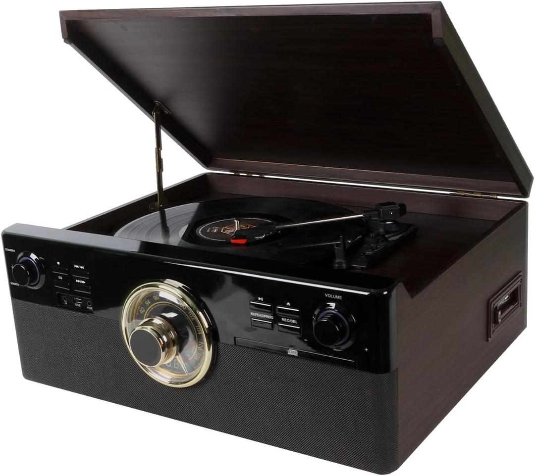 10 in 1 Bluetooth Record Player for Vinyl with Speakers, CD, Cassette Tape, FM Radio, USB Playback and Recording, Vintage Turntable with 3-Speed, Aux-in, Line-Out, Earphone Jack (Black Walnut)