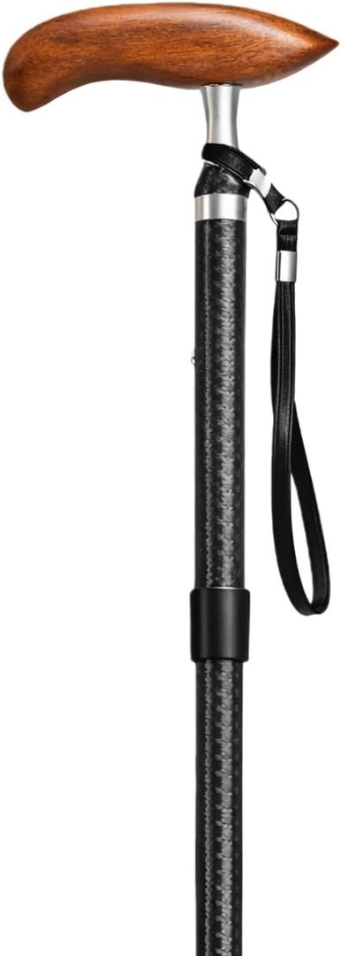 Carbon Fiber Folding Walking Cane for Men & Women, Lightweight Adjustable Travel Cane with Solid Wood Handle, Quad Tip & Carry Bag, Supports up to 300 lbs