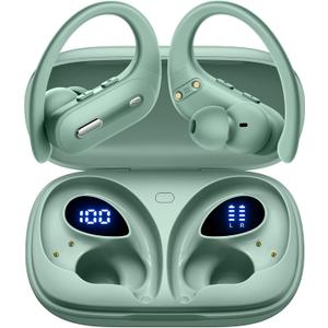 Wireless Earbuds Bluetooth 5.3 Headphones 90 Hrs Playtime Ear buds with Wireless Charging Case Power Display Over-ear Earphones with Earhooks Waterproof Stereo Headset for Android phone Workout Green