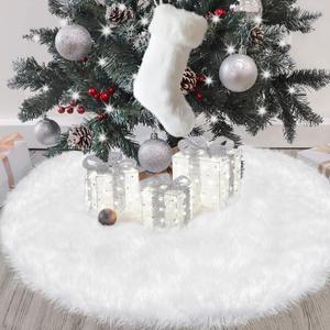 White Fur Christmas Tree Skirt, 21 inch Small Furry Snow White Christmas Decorations for Pencil Slim 4 Ft Tree, Soft Fluffy Faux Fur Tree Rug for Winter Holiday Decor