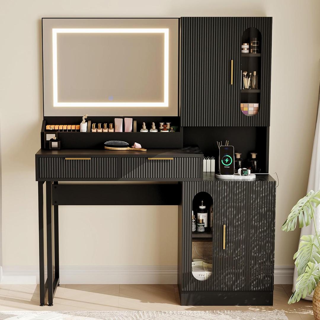 IDEALHOUSE Fluted Vanity Desk with Mirror and Lights, 45" Makeup Vanity with Large Cabinets, Drawers, Dressing Table with 3 Color Lighting Modes, Built-in Charging Station for Bedroom, Black