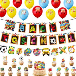 2 x 18PCS School Balloons 3 Strings School Banner16PCS Cake Toppers Colorful Classroom Decorations-Apple Pencil Bus Hanging for Kindergarten Preschool Elementary Party Supplies