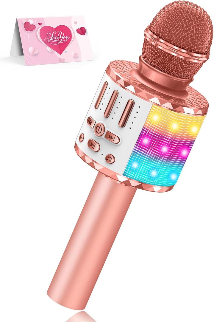 Karaoke Microphone Toys for Kids, Wireless Bluetooth Mic with Lights & Speaker, Portable Home KTV Player System, Perfect Birthday Party for 3-12 Year Old Boys & Girls