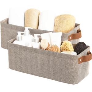 StorageWorks Narrow Storage Bins, Small Basket for Closet and Shelves, Fabric Organizer with Handles, Toilet Paper Storage, Brown and Beige, 2-Pack (15"L x 6"W x 5"H)