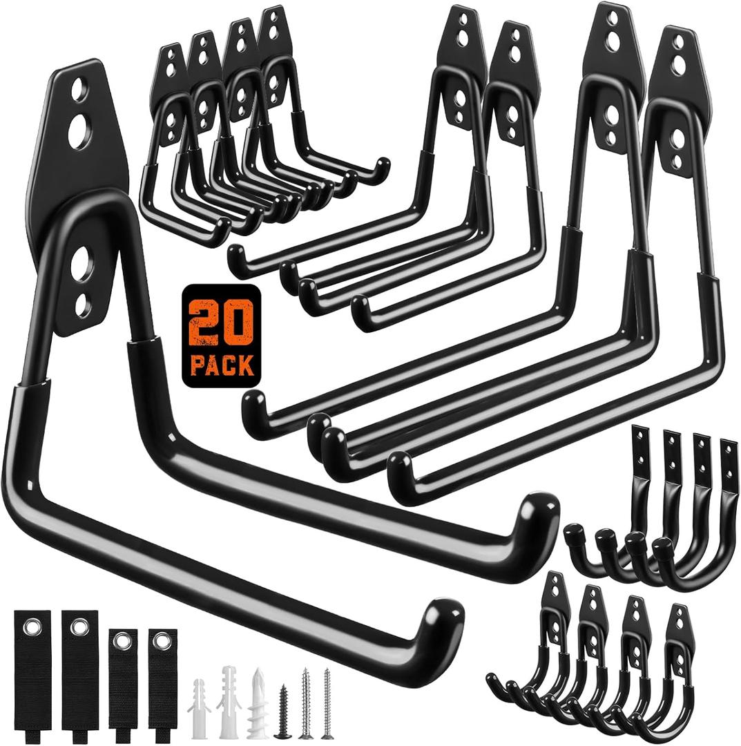 LANDNEOO Garage Hooks, 20-Pack Steel Garage Accessories for Organization and Storage, Heavy Wall Mount Duty Hooks with Anti-Slip Coating for Hanging Ladder, Bike, Power Tools and More Tools, Black