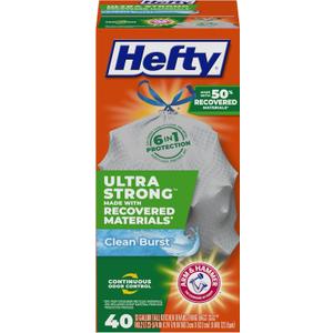 Hefty Ultra Strong Made with 50% Recovered Materials* Tall Kitchen Trash Bags, Gray, Clean Burst, 13 Gallon, 40 Count