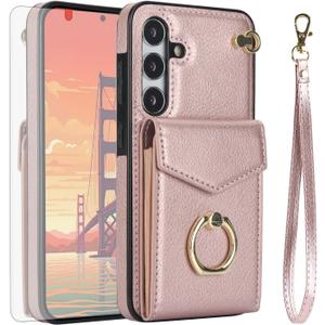 Asuwish Phone Case for Samsung Galaxy S24 5G Wallet Cover with Tempered Glass Screen Protector and RFID Blocking Ring Stand Credit Card Holder Leather Cell Accessories S 24 24S G5 Women Men Rose Gold