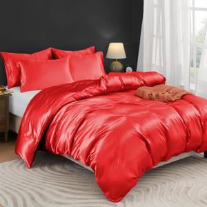 Horbaunal 5 Pieces Satin Duvet Cover Set Queen/Full Size Red Duvet Cover with Corner Ties & Zipper Closure, Luxury & Silky Bedding Set, 1 Duvet Cover and 4 Pillowcases (No Comforter)
