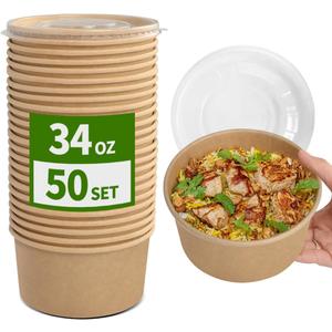 50 Pack 34 oz Paper Bowls with Lids, Disposable Salad Bowls To Go Salad Containers Meal Prep Containers Disposable Soup Bowls with Lids