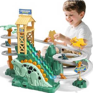 JUKUDAHU Dinosaur Climbing Slide Stair Toy for Toddlers Aged 3 4 5 6 7 8 - Racing Track Game Set, Sliding Car Toy, Dinosaur Themed with Light and Music, Birthday Dinosaur Gifts for Boys Girls Kids