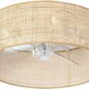 Bamboo Small DC Ceiling Fan with Light Fixture and Remote Control,Boho Enclosed Wicker Caged Flush Mount Rattan Cage Drum Low Profile Fandelier for Kitchen Nursery Bedroom Indoor Office Dining Room